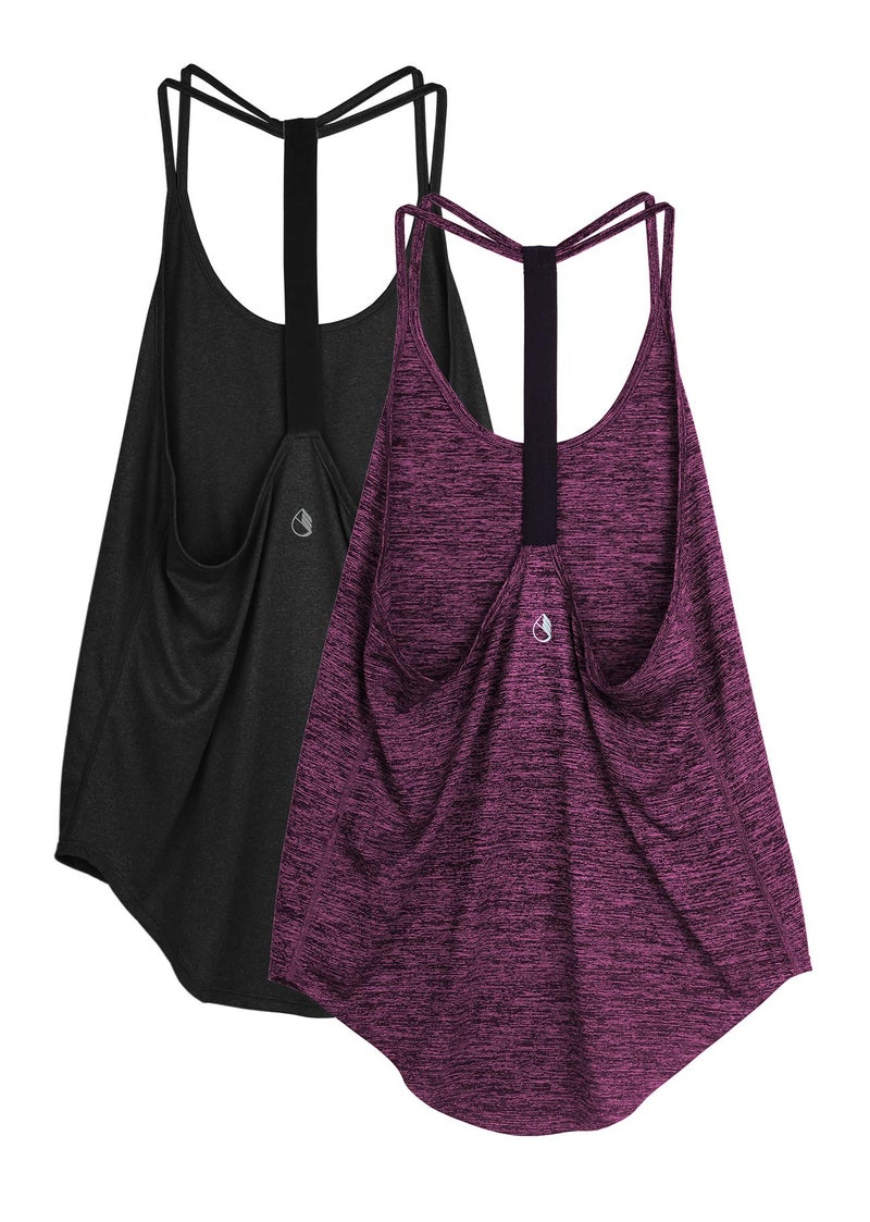 icyzone Workout Tank Tops for Women - Athletic Yoga Tops, T-Back Running Tank Top(Pack of 2) (L, Black/Red Bud) - Image 1